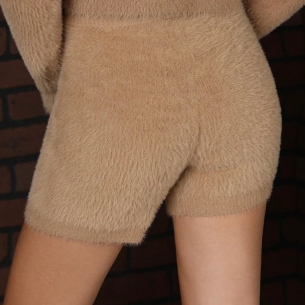 Fuzzy Drawstring Tan Shorts - Picture 3 of 12